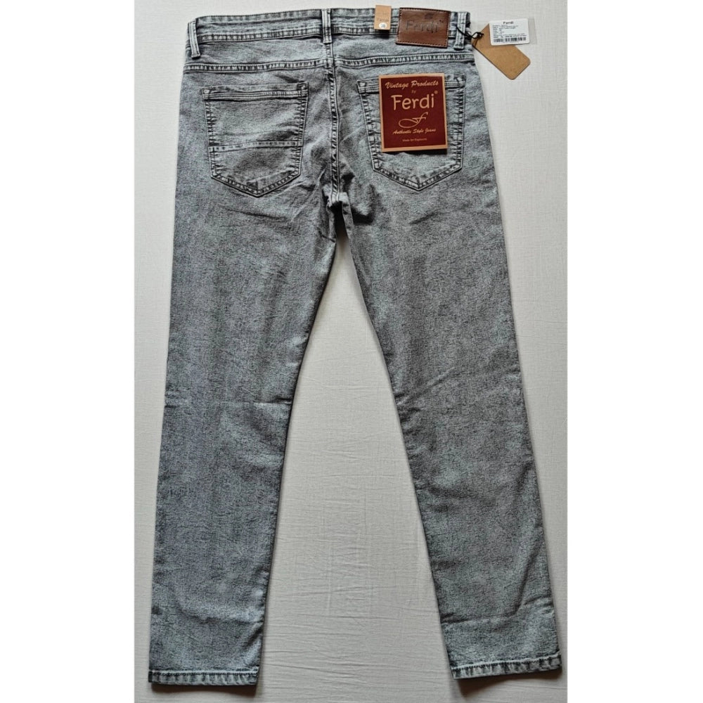 Grey cotton blended tapered jeans for men, solid pattern with mid-rise fit and button closure