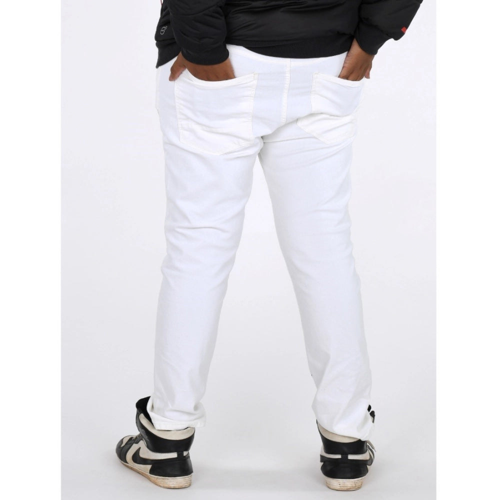Men's cotton blended solid plus size white jeans, mid rise, button closure - fashionable everyday attire for men