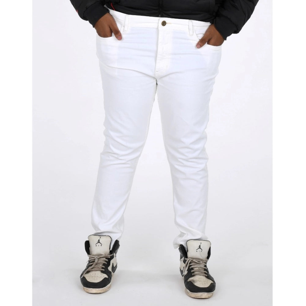 Men's white cotton blended plus size jeans, mid rise with button closure. [White Cotton Jeans Plus Size]