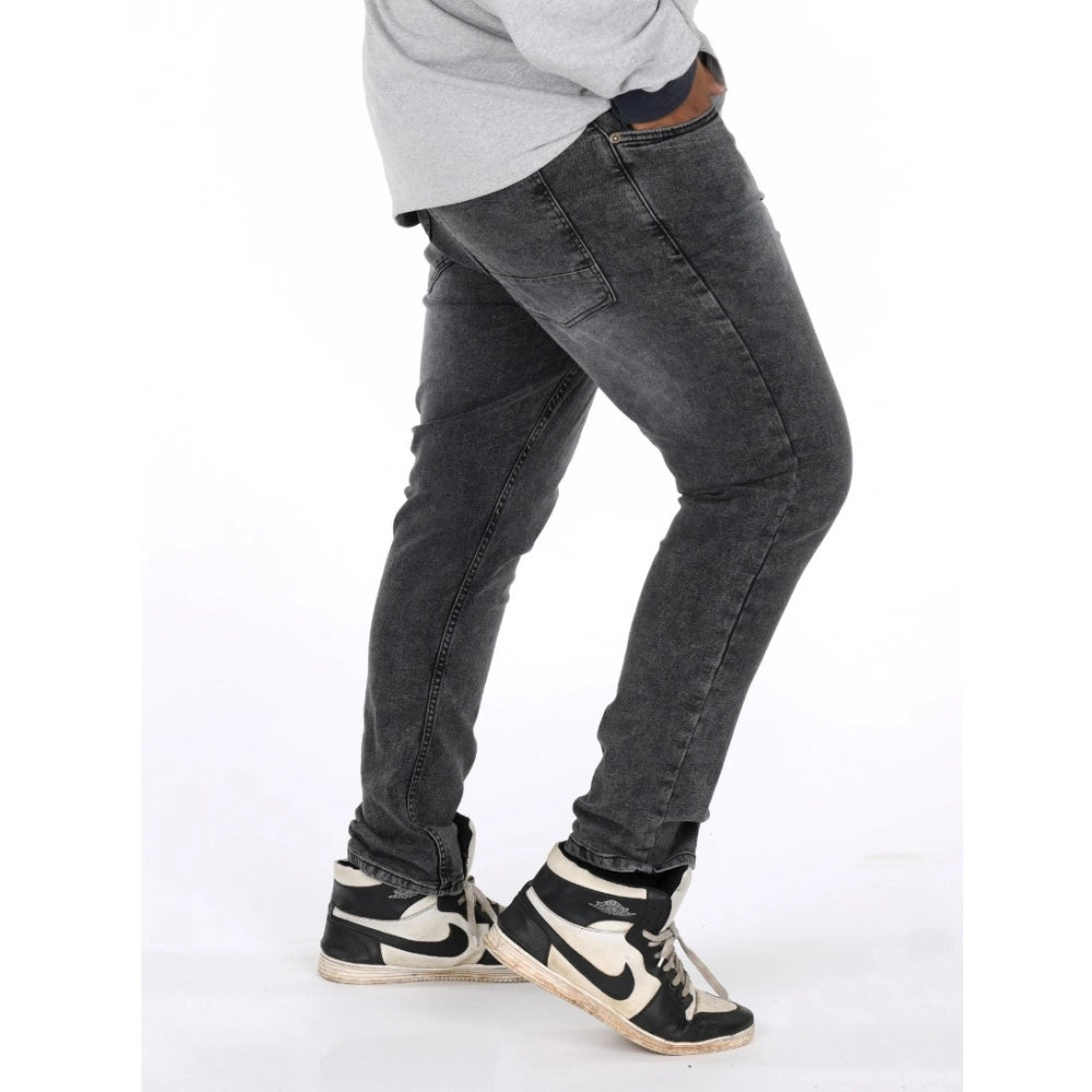 Men's grey cotton blended solid plus size jeans, mid-rise with button closure