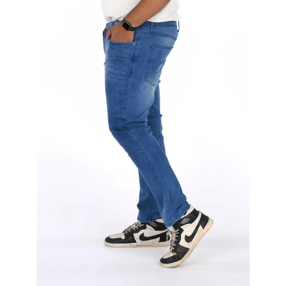 Men's cotton blended solid plus size blue jeans, mid rise with button closure for stylish fit