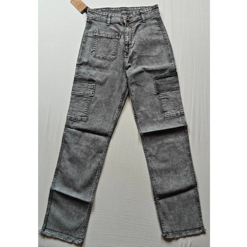 Grey cotton-blend cargo straight fit women's pants - solid design, mid rise, button closure