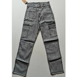 Grey cotton-blend cargo straight fit women's pants - solid design, mid rise, button closure