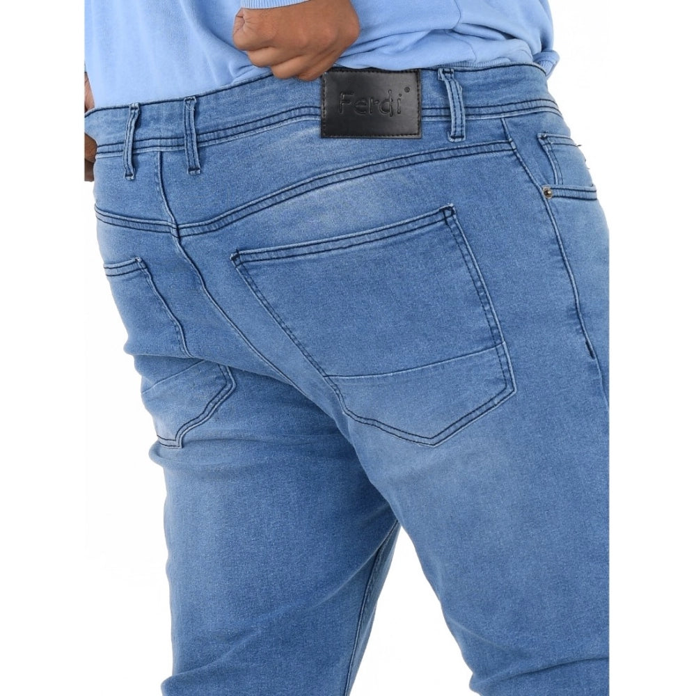 Blue cotton blended plus size men's jeans, solid pattern for comfortable fit