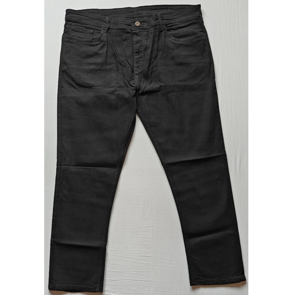 Men's cotton blended solid plus size jeans (black), mid-rise with button closure - ideal for men seeking comfortable, stylish apparel