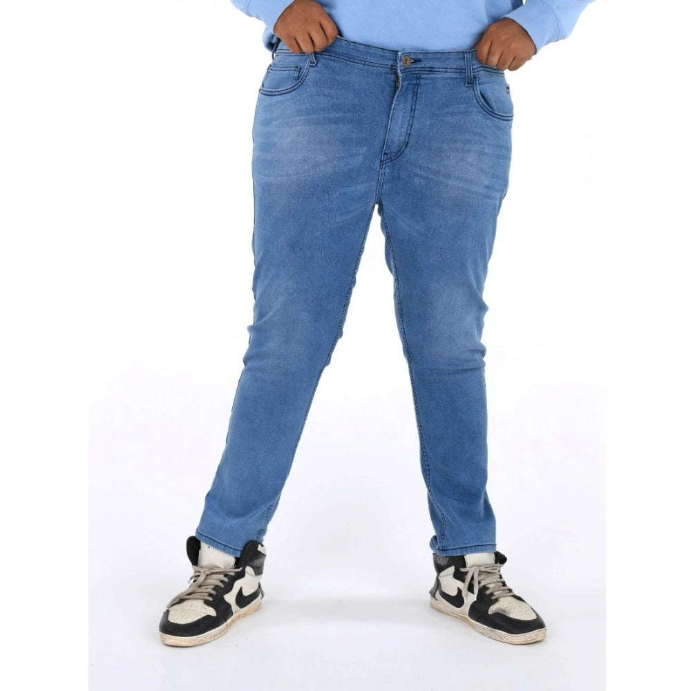 Men's cotton blended solid plus size blue jeans, mid rise, button closure for stylish comfort