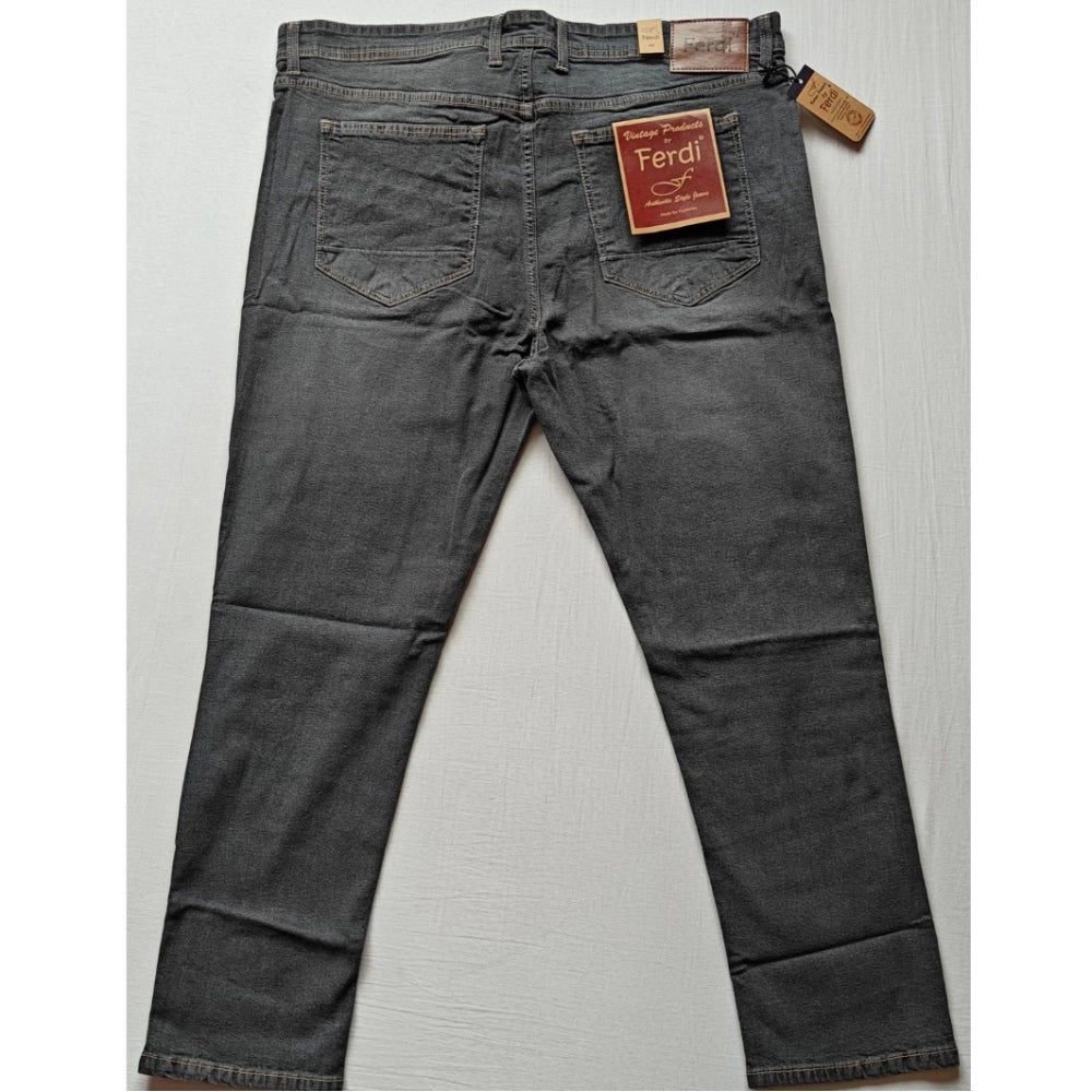 Dark grey cotton blended men's solid plus size jeans, mid rise with button closure