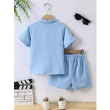 SkyBlue Lycra printed kid's casual wear shirt & shorts set, short sleeve boy's design on model