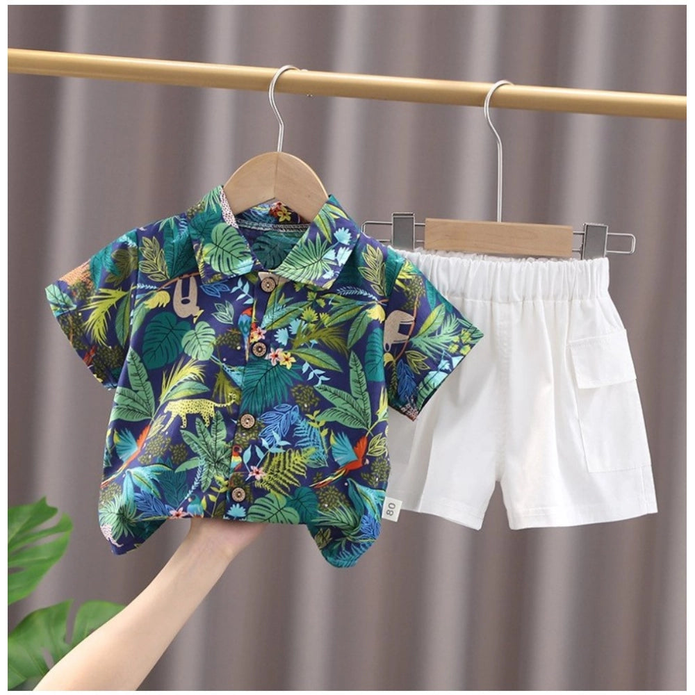 Blue Lycra printed casual wear kids set: short sleeve shirt and shorts for active play