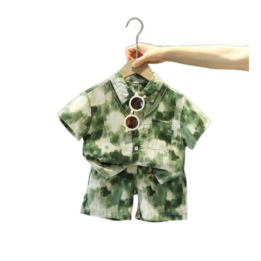 Green Lycra printed casual wear shirt and shorts set for boys, short-sleeved and patterned
