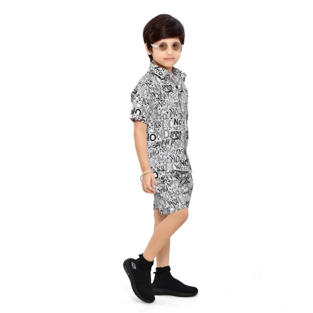 White Lycra kids casual wear shirt & shorts set, printed pattern with short sleeves