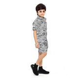 White Lycra kids casual wear shirt & shorts set, printed pattern with short sleeves
