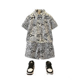 White Lycra printed kid's casual wear shirt & shorts set, short sleeves with vibrant print