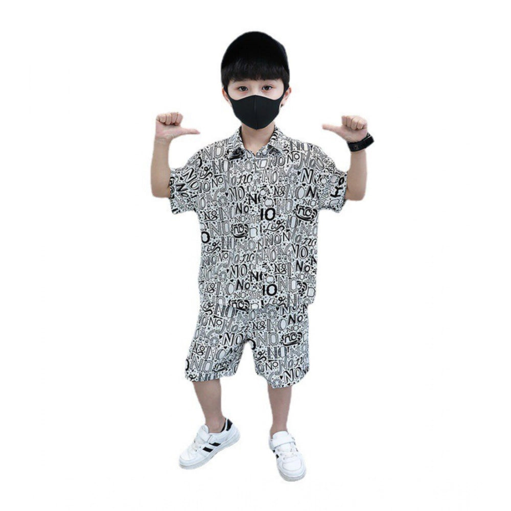 White Lycra kid's printed casual wear shirt & shorts set with short sleeves and matching design