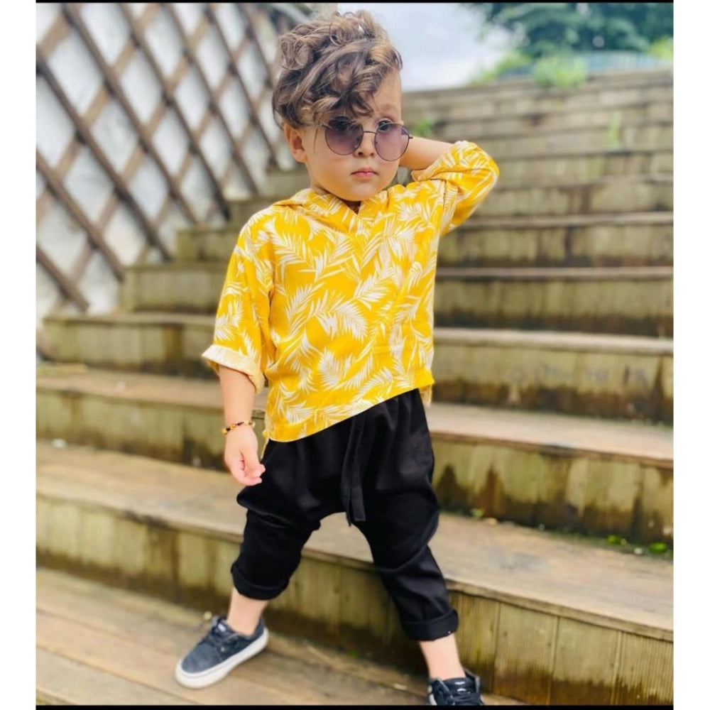 Yellow lycra printed casual wear shirt & shorts set for kids, ideal for playtime