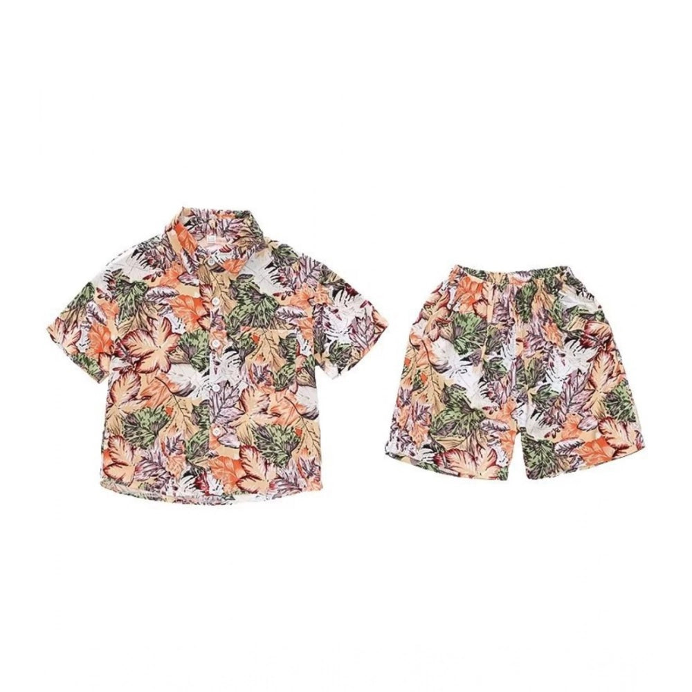 Orange Lycra printed casual wear shirt and shorts set for kids, featuring short sleeves and boy's shorts style