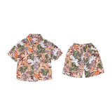 Orange Lycra printed casual wear shirt and shorts set for kids, featuring short sleeves and boy's shorts style