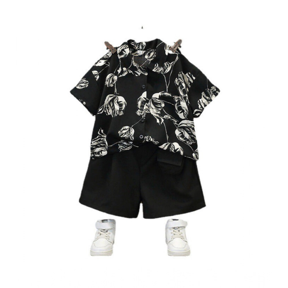 Black Lycra printed kid's casual wear shirt and shorts set with short sleeves