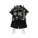 Black Lycra printed kid's casual wear shirt and shorts set with short sleeves