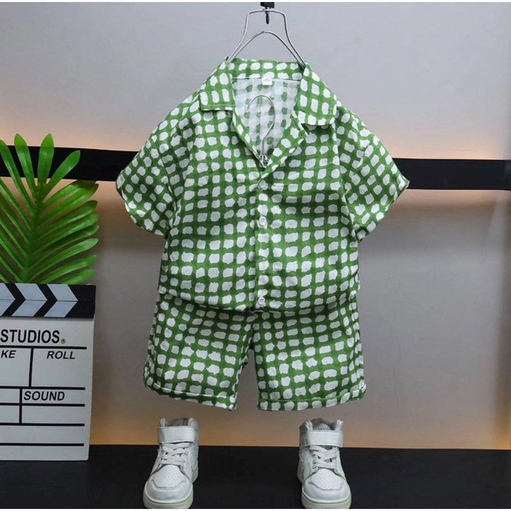 Green Lycra printed casual wear shirt & shorts set for boys - kid-friendly activewear