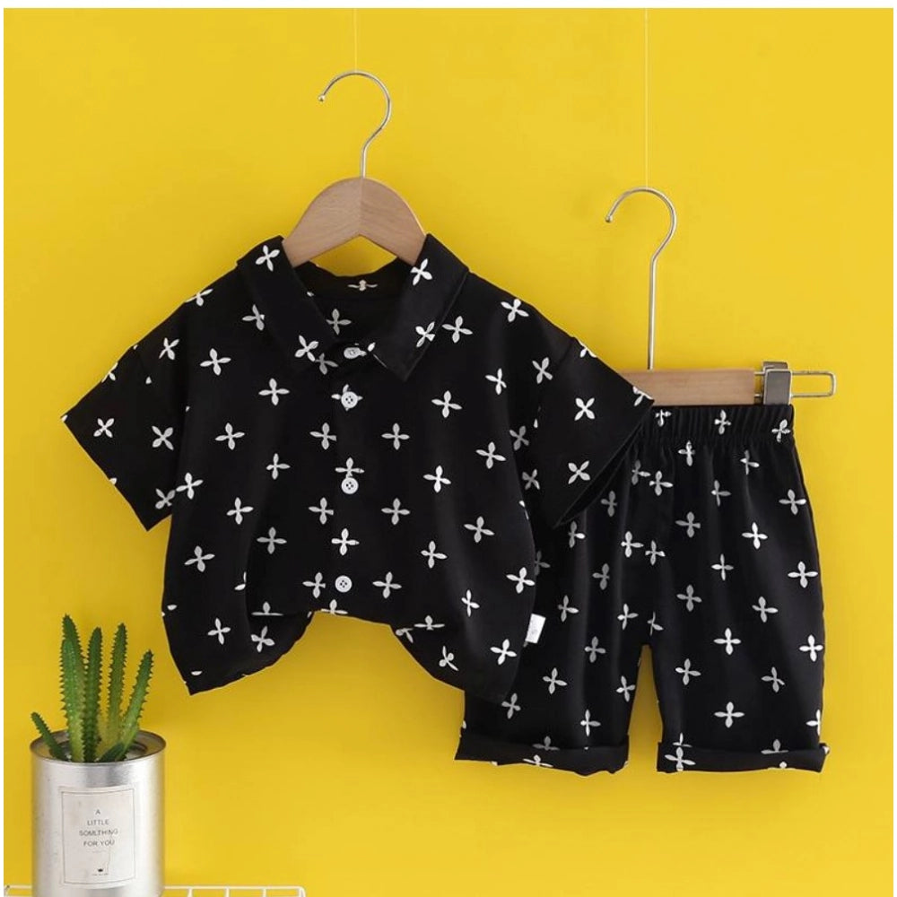 Black Lycra printed casual wear shirt and shorts set for kids, short sleeve with printed pattern