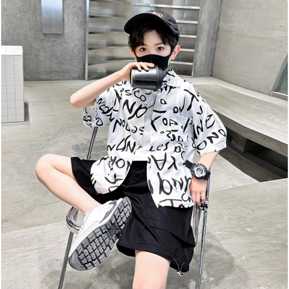 White Lycra printed casual wear kid's shirt & shorts set, vibrant design on short sleeves