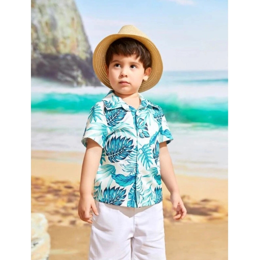 White-Blue Lycra printed kid's casual wear shirt and shorts set with short sleeves, vibrant design on display