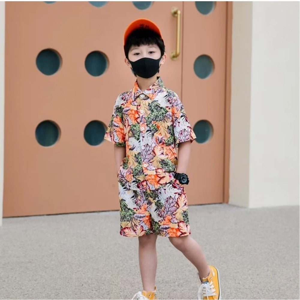 Orange Lycra Kid's Casual Wear Shirt & Shorts Set - Printed design for active play
