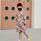 Orange Lycra Kid's Casual Wear Shirt & Shorts Set - Printed design for active play