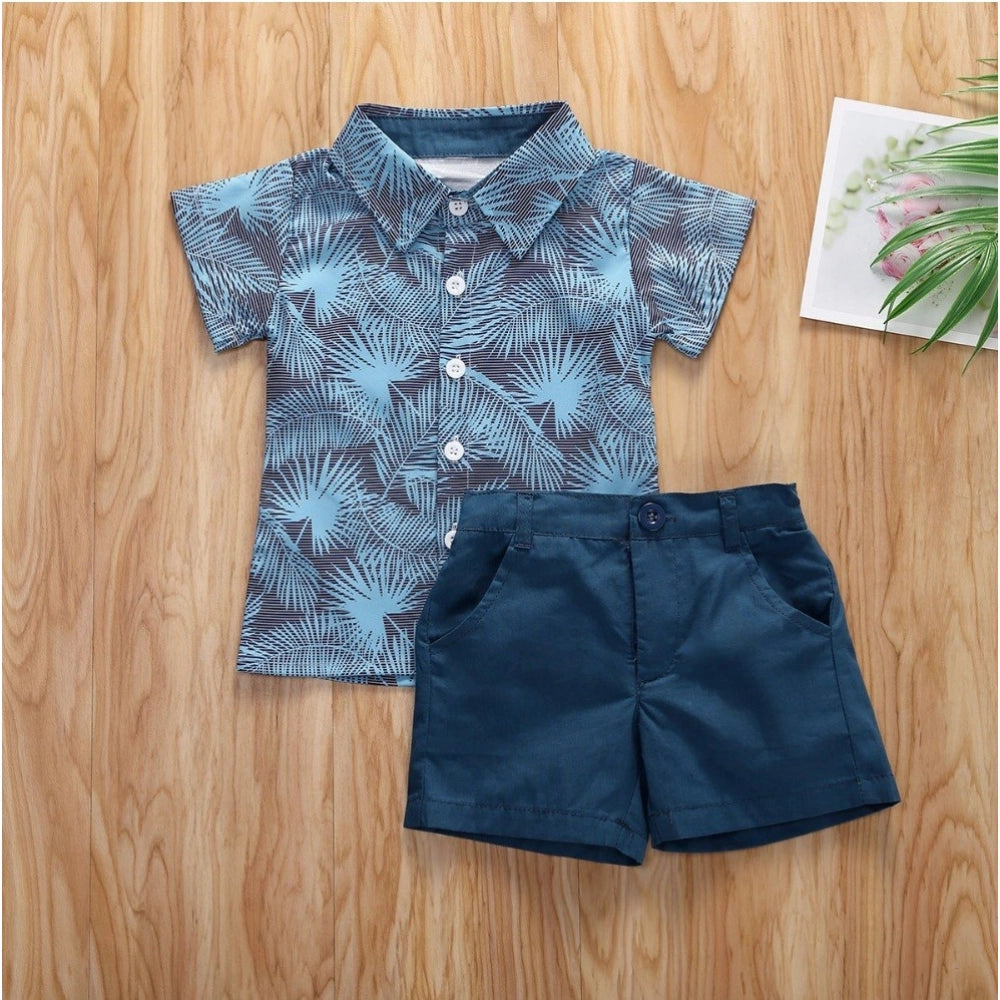 SkyBlue Lycra printed casual wear shirt and shorts set for boys, short sleeves and shorts