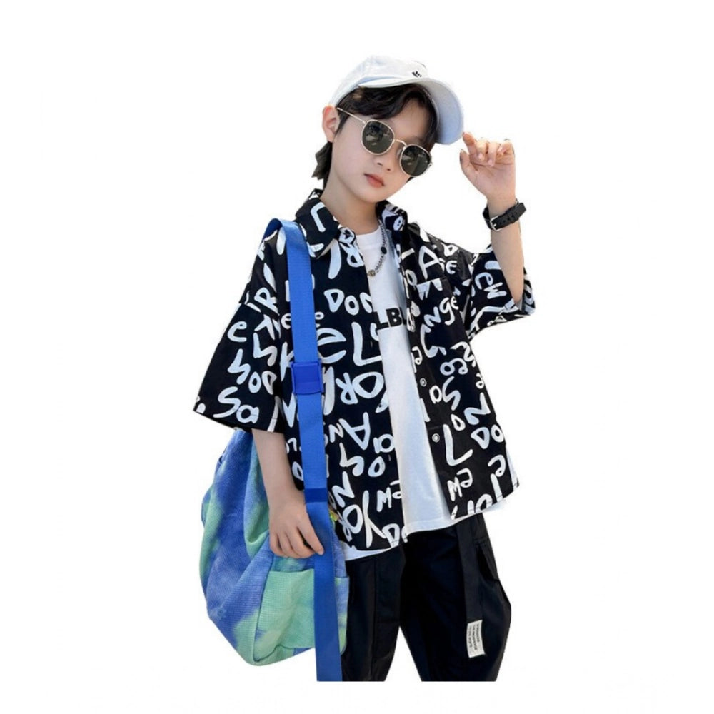 Black Lycra printed boy's casual wear set (short sleeves & shorts)