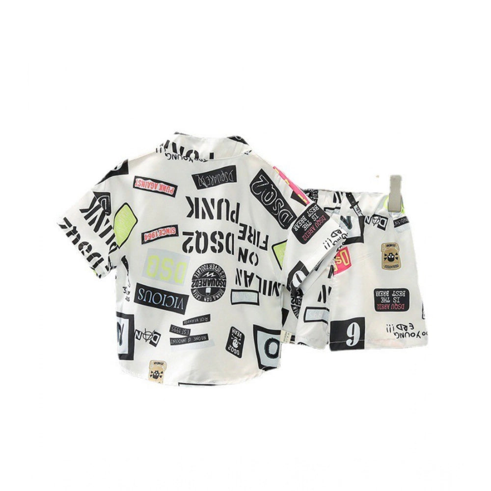 White Lycra printed casual wear boy's shirt & shorts set for kids