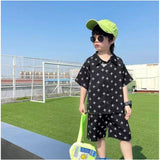 Black Lycra printed casual wear kid's shirt & shorts set, short sleeves & playful patterns