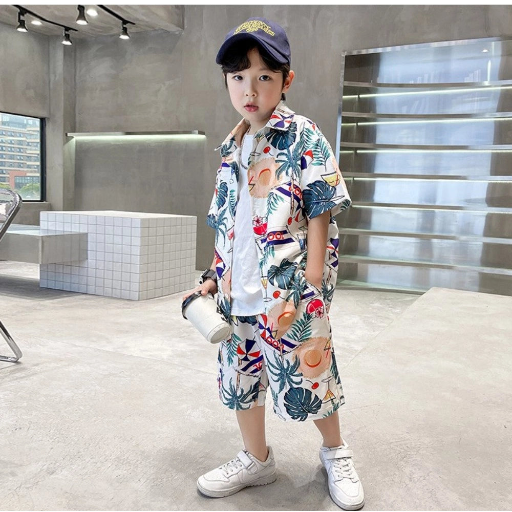 Multicolor Lycra kids casual wear short sleeve shirt & shorts set, printed pattern