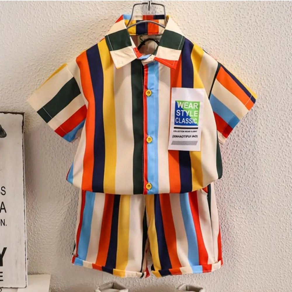 Multicolor Lycra kid's casual wear shirt & shorts set, printed with short sleeves