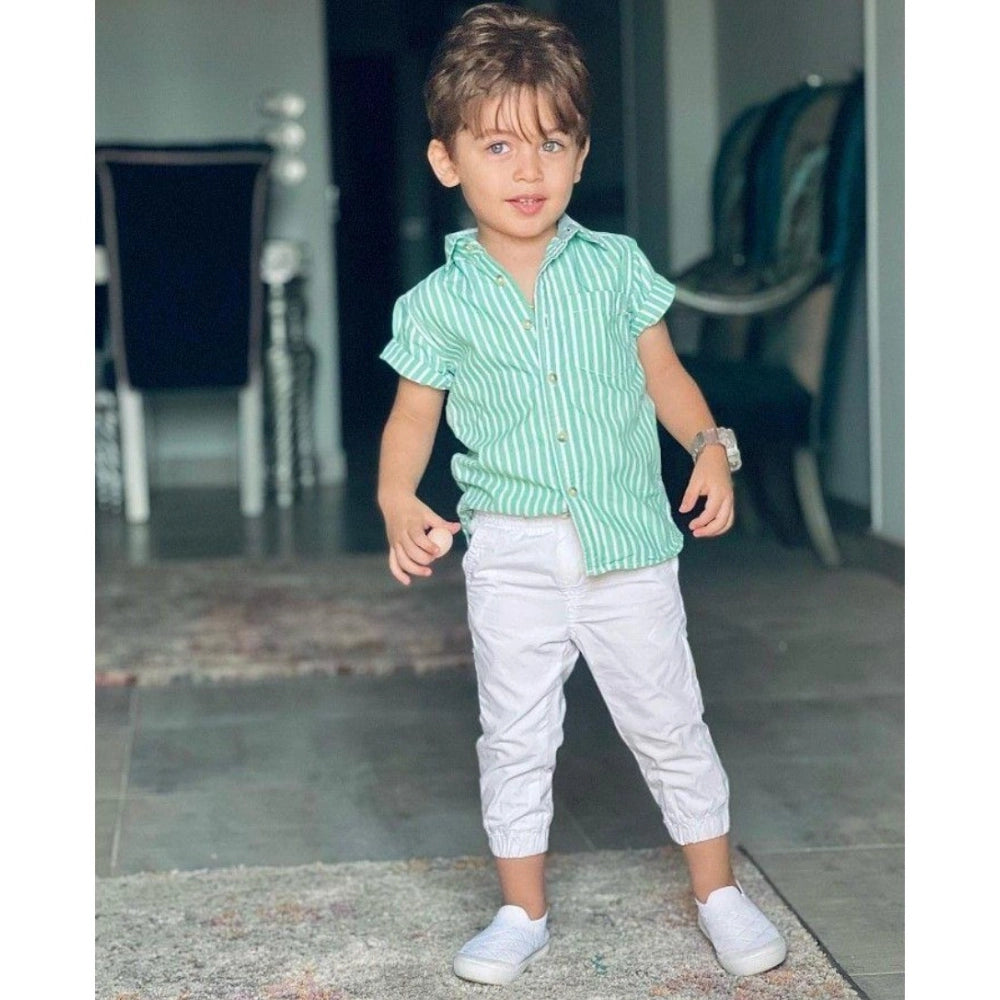 Green Lycra printed casual wear kids' shirt & shorts set - short sleeve, boy's style on mannequin