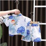 White Lycra printed casual wear shirt and shorts set for boys, featuring a short-sleeved shirt with fun prints
