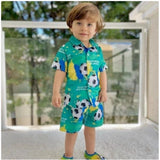 Green Lycra printed boy's casual wear shirt & shorts set with short sleeves