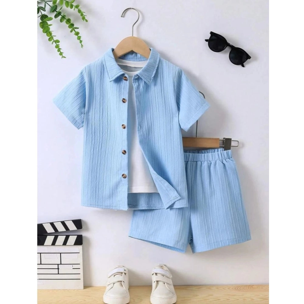 SkyBlue Lycra printed casual wear shirt and shorts set for boys, short sleeves and patterned design