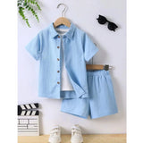 SkyBlue Lycra printed casual wear shirt and shorts set for boys, short sleeves and patterned design