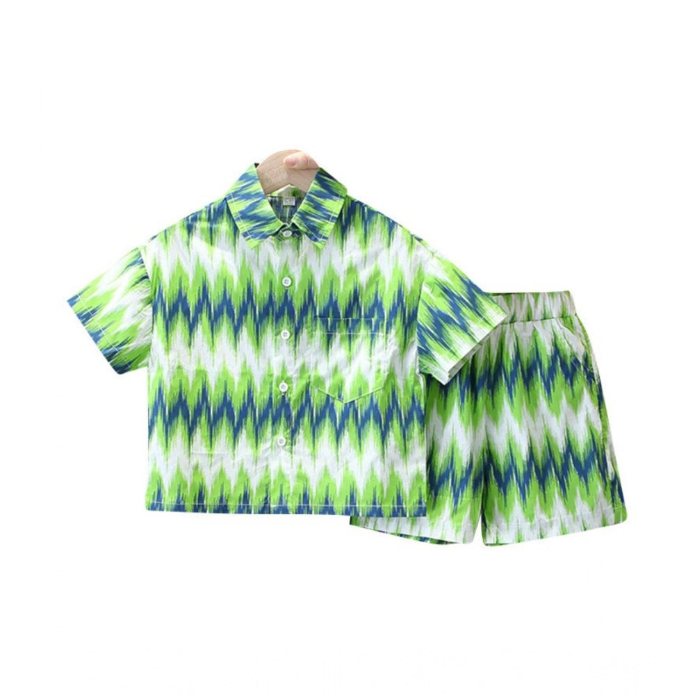 Green Lycra Kid's Casual Wear Shirt & Shorts Set, printed design with short sleeves and shorts