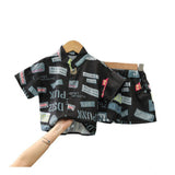 Black Lycra printed kid's casual wear shirt and shorts set - vibrant pattern on short sleeves and boy's shorts