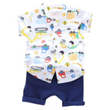 White lycra printed casual wear kid's shirt & shorts set, short sleeve boy's attire with vibrant patterns