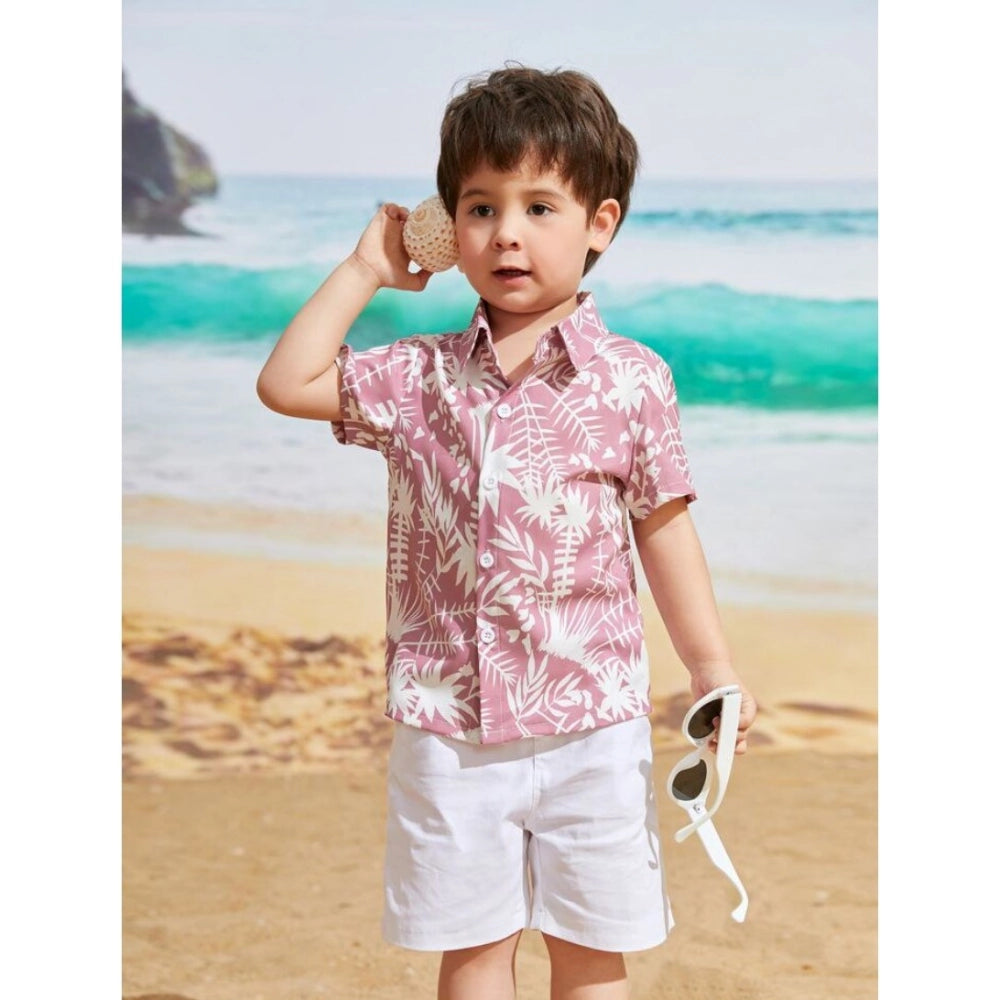 Peach Lycra printed kid's casual wear short sleeve shirt and shorts set, vibrant design for active play