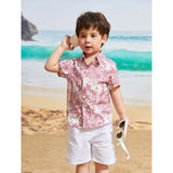 Peach Lycra printed kid's casual wear short sleeve shirt and shorts set, vibrant design for active play