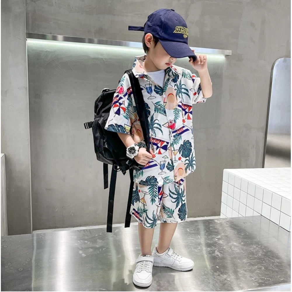 Multicolor Lycra printed casual wear shirt & shorts set for kids, featuring short-sleeved tops and bottoms