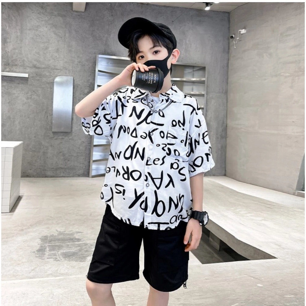 White Lycra printed casual wear shirt & shorts set for kids, short sleeve design with vibrant graphics