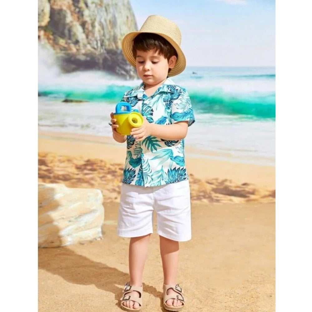 White-Blue kids Lycra printed casual wear shirt and shorts set, short sleeve design for boys active play