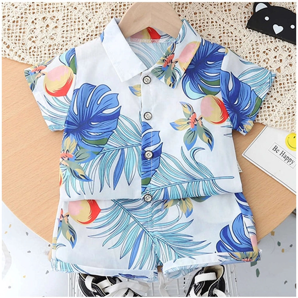 White Lycra printed kid's casual wear shirt and shorts set with short sleeves, vibrant pattern detail