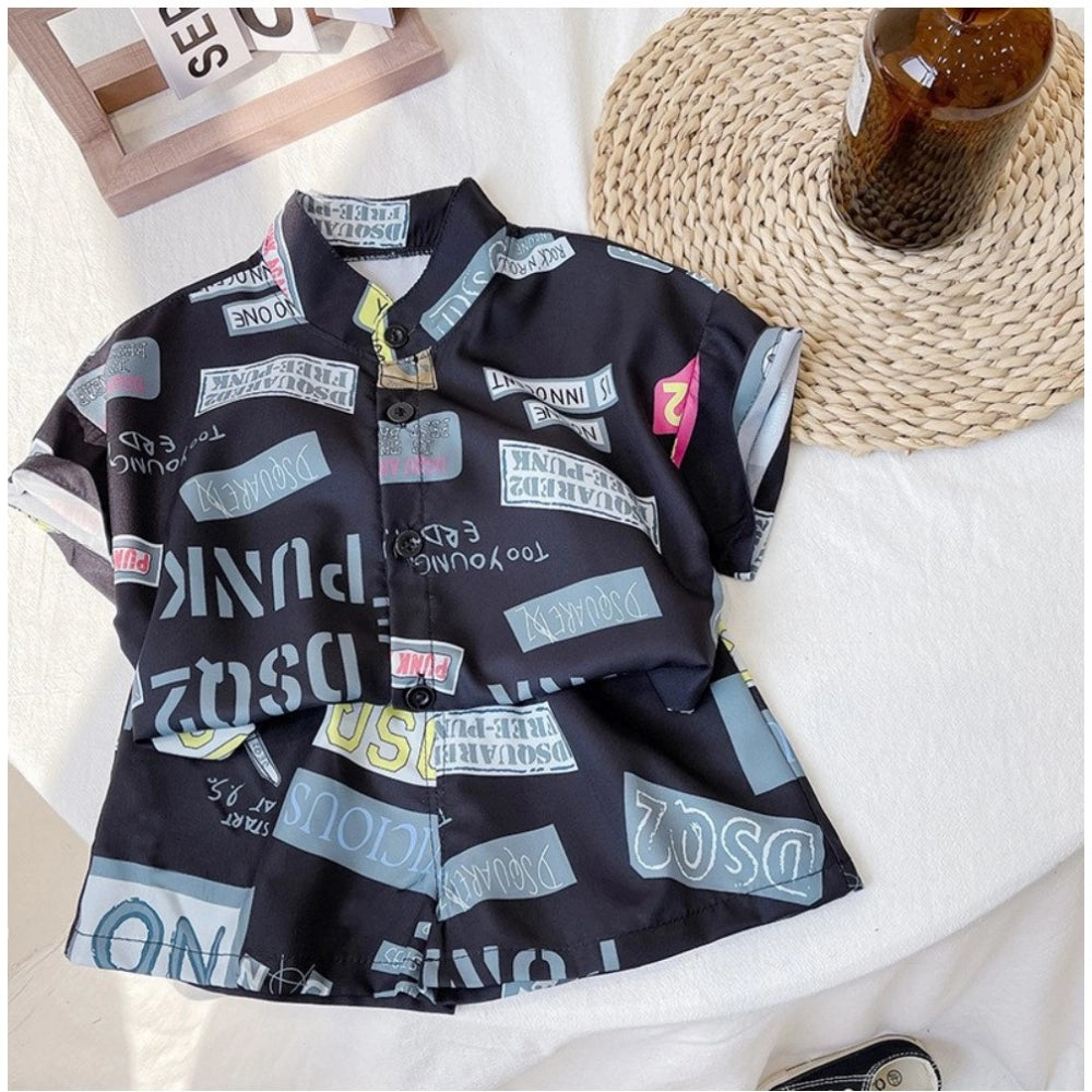 Black Lycra printed kid's casual wear shirt & shorts set, short sleeve boy's outfit